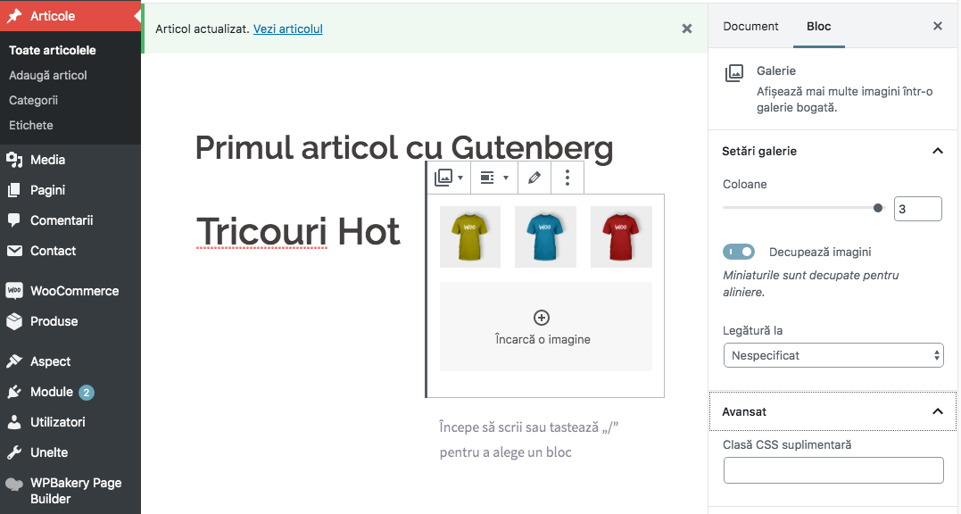 Optiuni bloc in Gutenberg WordPress