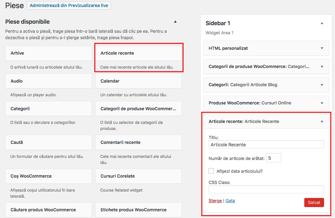 Curs WordPress online - Widget-ul Articole Recente in sidebar